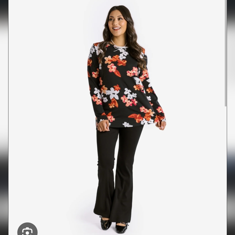 LuLaRoe Long Sleeve Top Size Medium Black With Red Orange White Floral Design - Picture 8 of 8